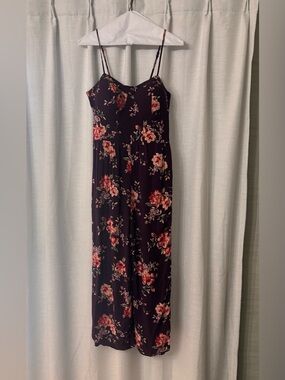 Floral Spaghetti-Strap Maxi romper - Dark Plum with Pink/Coral Blooms